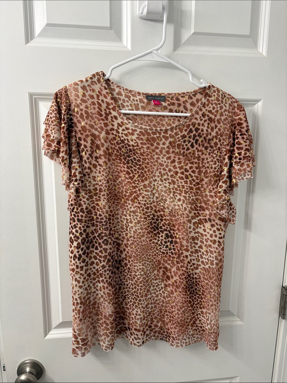 Vince Camuto Pink and Brown Leopard Print Short Sleeve Top